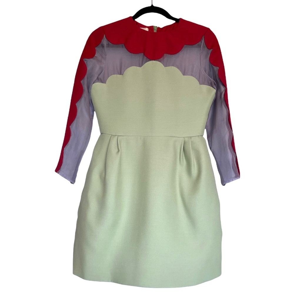 VALENTINO RED & GREEN SCALLOP EDGE WOOL DRESS